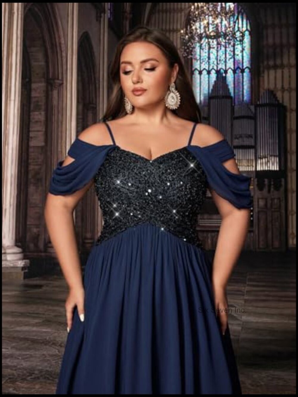 Plus Size Sequin A-Line Maxi Dress with Spaghetti Straps Formal Prom Wedding - Picture 2 of 7